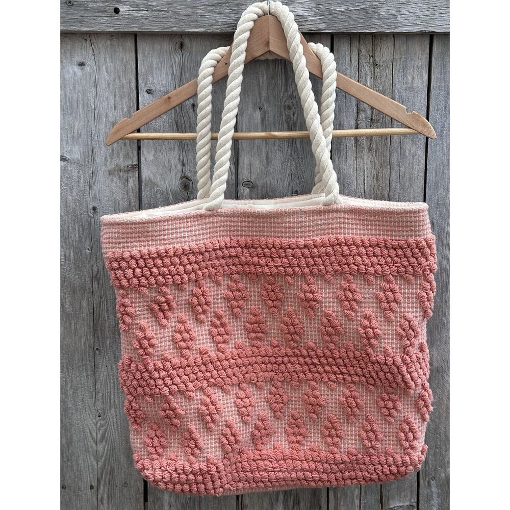 Coral Tote Bag Beach Cream Jacquard Diamond Oversized EUC Rope handles Lined - Picture 2 of 6